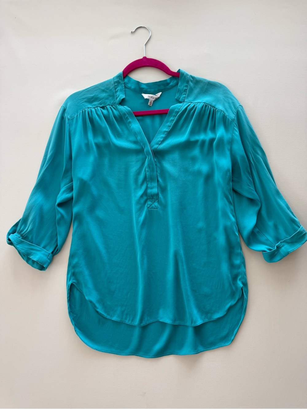 MILLY Teal Silk Blend Popover Blouse Size 2 - Picture 2 of 5